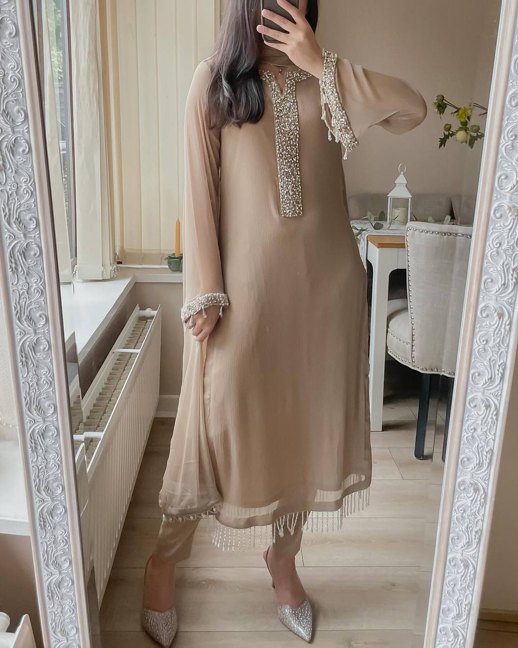 Desirable Fancy Faux Georgette Real Moti Hand Work Top And Pent With Dupatta Set