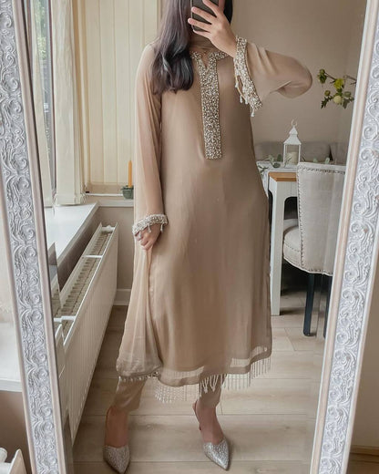 Desirable Fancy Faux Georgette Real Moti Hand Work Top And Pent With Dupatta Set