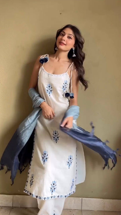 Zoya Pur Kora Khadi Cotton Spaghetti Top And Pant With Dupatta set