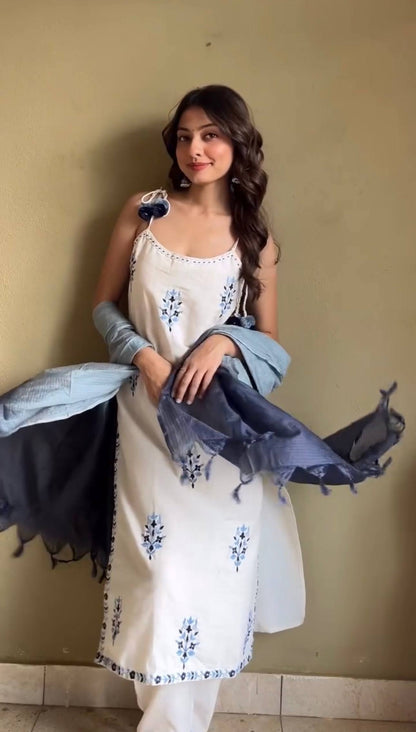 Zoya Pur Kora Khadi Cotton Spaghetti Top And Pant With Dupatta set