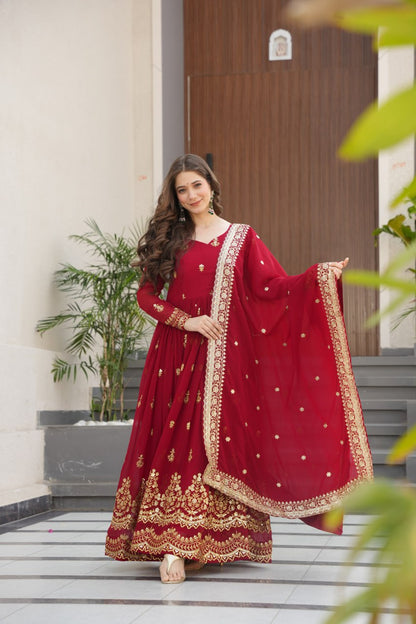 Royal Grandeur Deep Wine & Maroon Embroidered Anarkali Suit