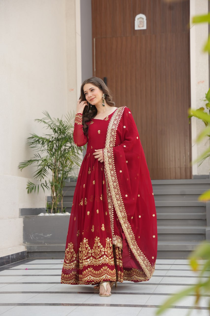 Royal Grandeur Deep Wine & Maroon Embroidered Anarkali Suit