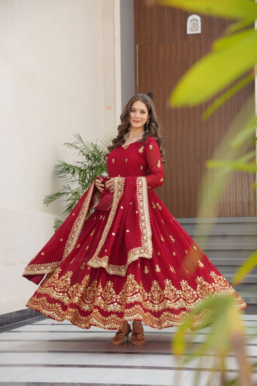 Royal Grandeur Deep Wine & Maroon Embroidered Anarkali Suit