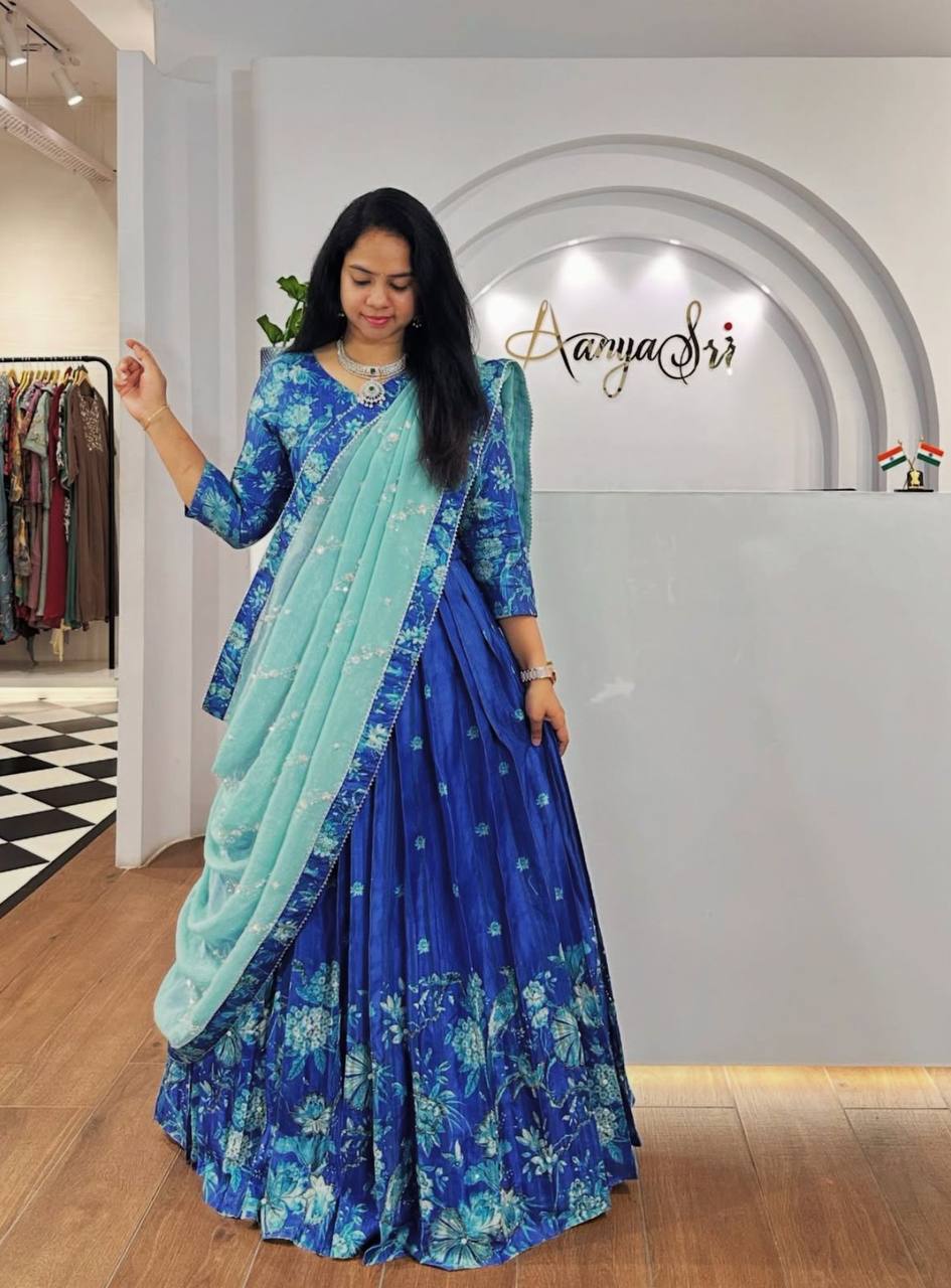 Lyra Blue Tones And Floral Design Digital Print Draped Lehenga