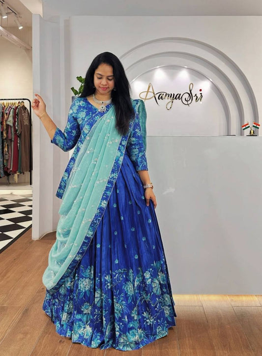 Lyra Blue Tones And Floral Design Digital Print Draped Lehenga