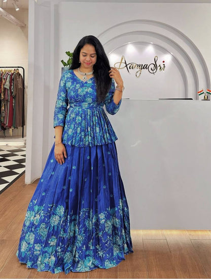 Lyra Blue Tones And Floral Design Digital Print Draped Lehenga