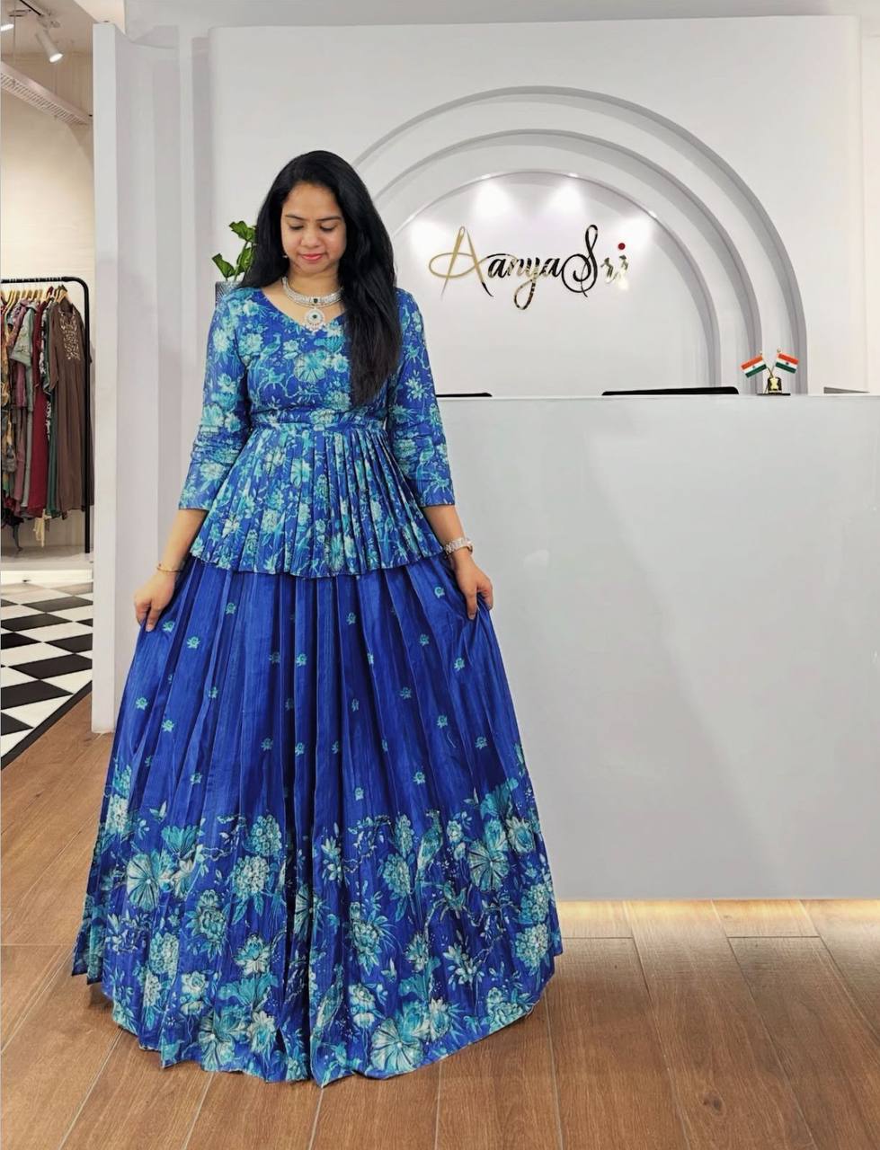 Lyra Blue Tones And Floral Design Digital Print Draped Lehenga
