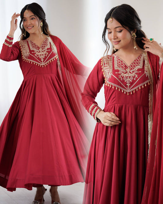 Maroon Majesty Handcrafted Elegance in Flowing Anarkali Suit