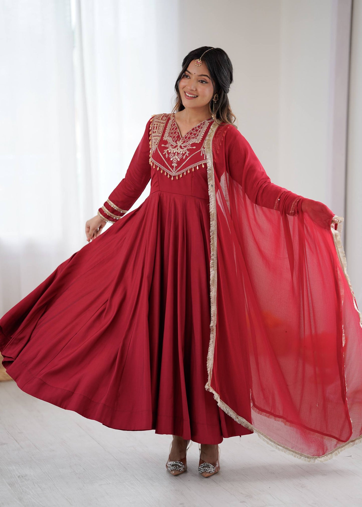 Maroon Majesty Handcrafted Elegance in Flowing Anarkali Suit