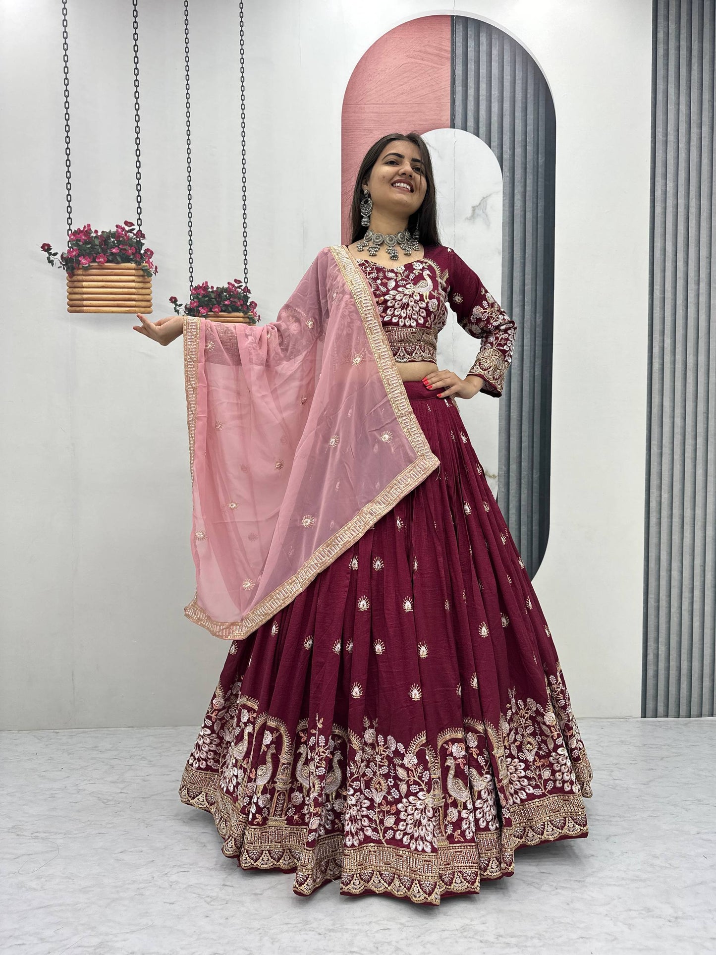 Angel Maroon And Teal Embroidered Lehenga Set