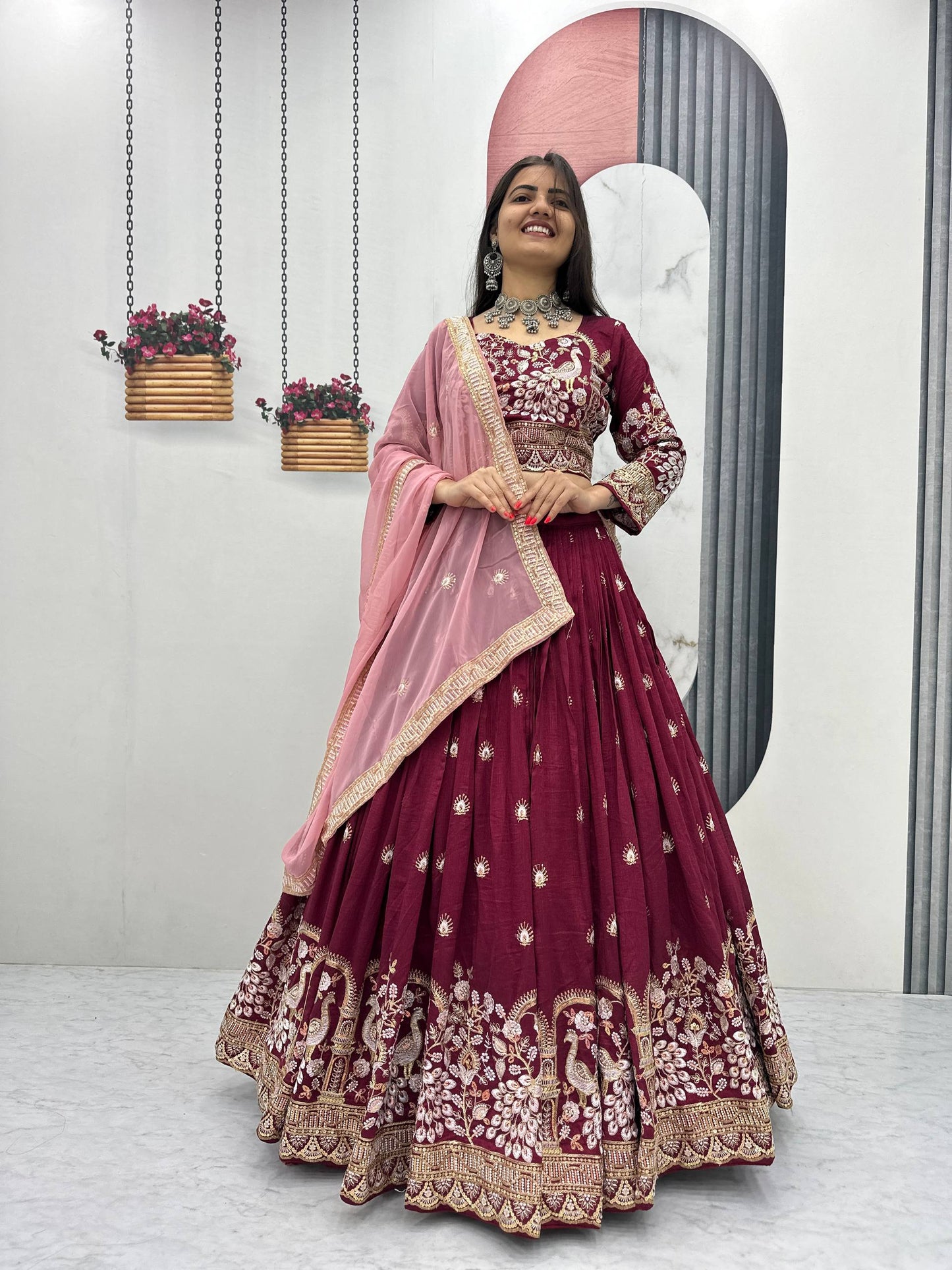 Angel Maroon And Teal Embroidered Lehenga Set