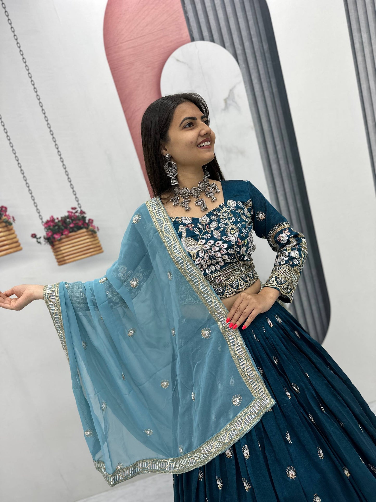 Angel Maroon And Teal Embroidered Lehenga Set