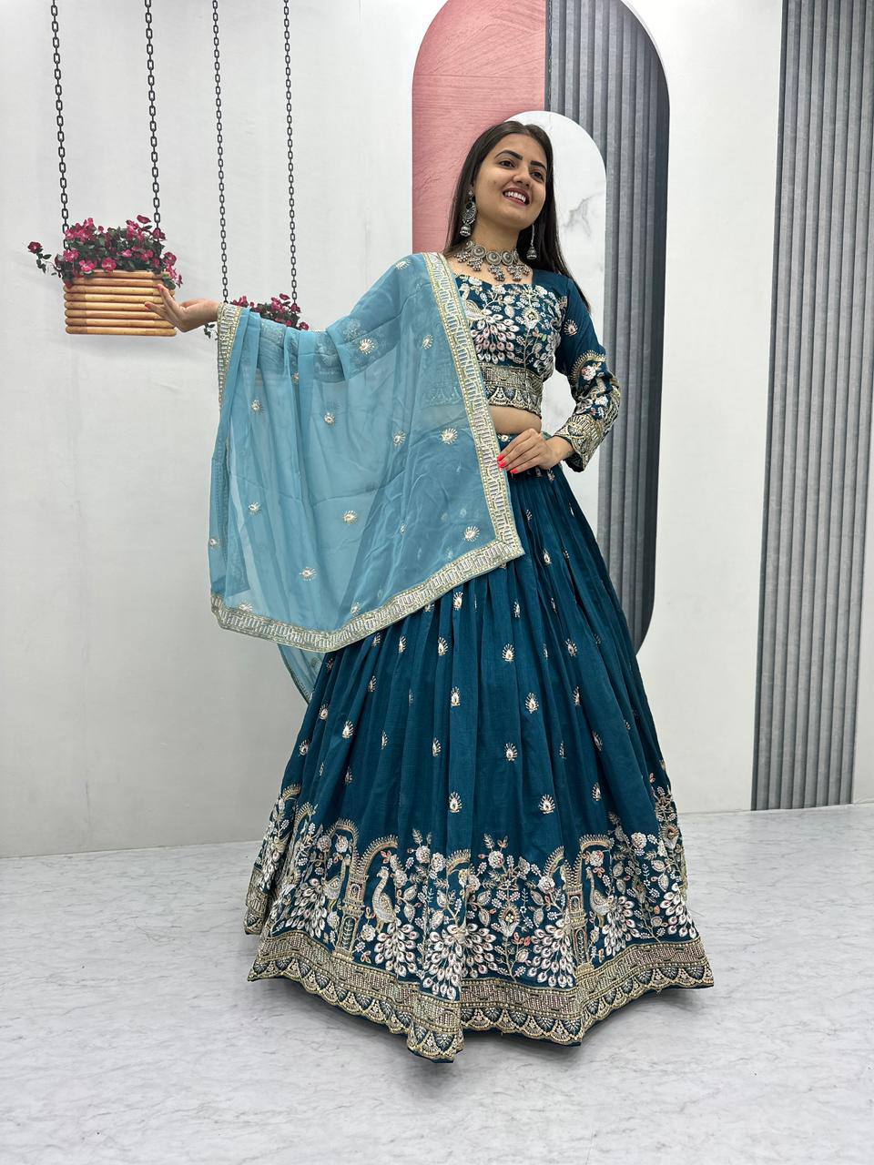 Angel Maroon And Teal Embroidered Lehenga Set