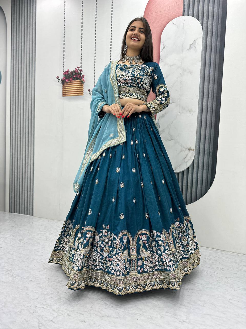 Angel Maroon And Teal Embroidered Lehenga Set