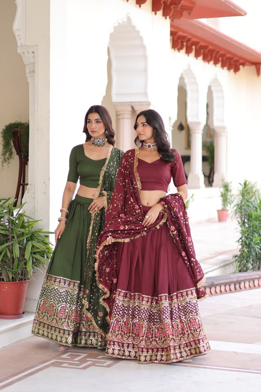 Aadrika Olive Green And  Maroon Embroidered Lehenga Choli