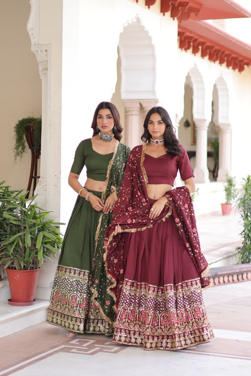 Aadrika Olive Green And  Maroon Embroidered Lehenga Choli