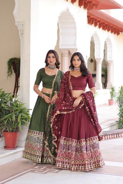 Aadrika Olive Green And  Maroon Embroidered Lehenga Choli