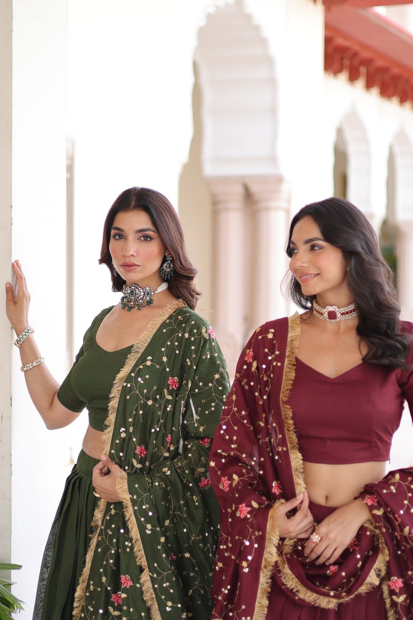 Aadrika Olive Green And  Maroon Embroidered Lehenga Choli