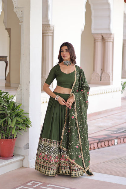 Aadrika Olive Green And  Maroon Embroidered Lehenga Choli