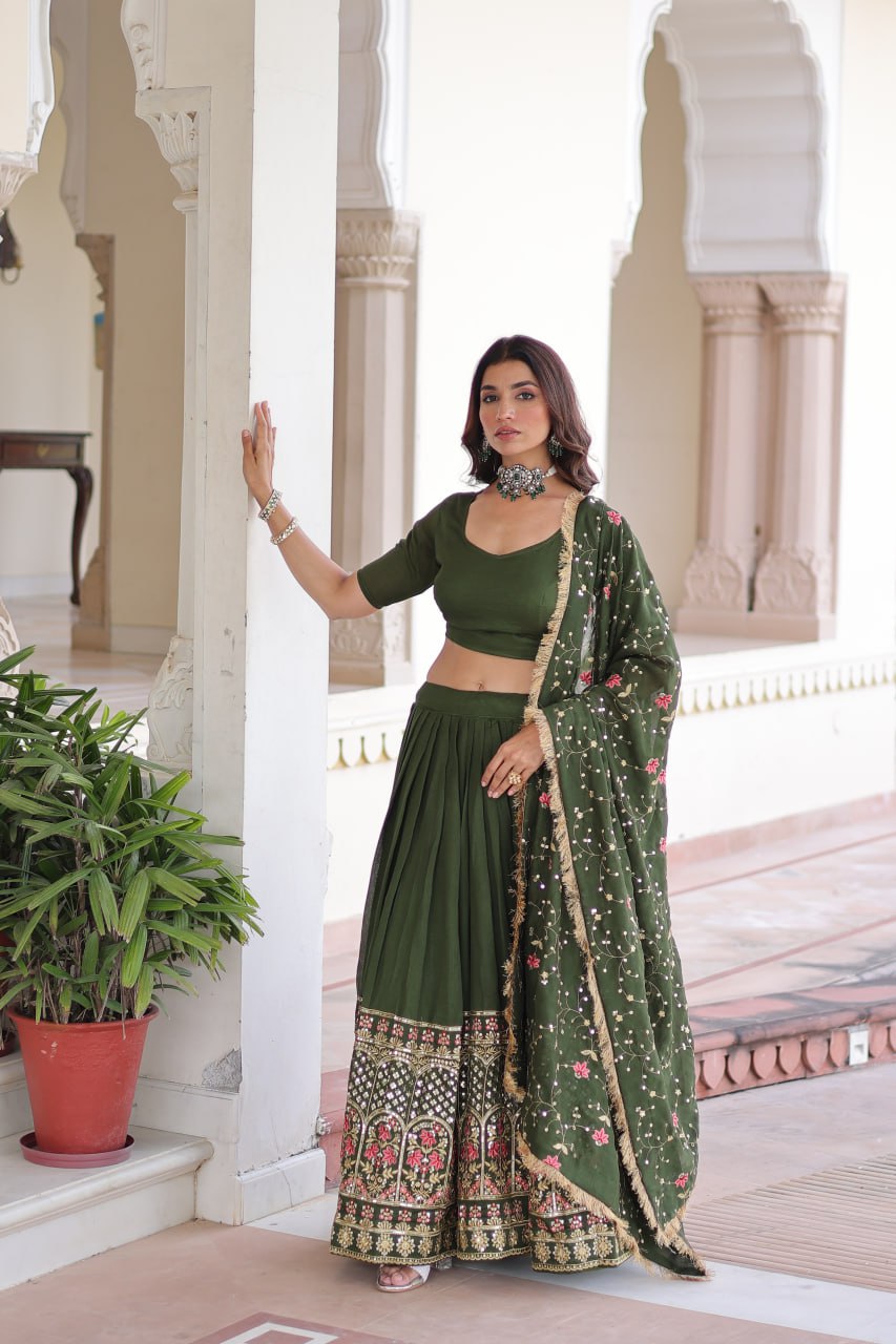 Aadrika Olive Green And  Maroon Embroidered Lehenga Choli