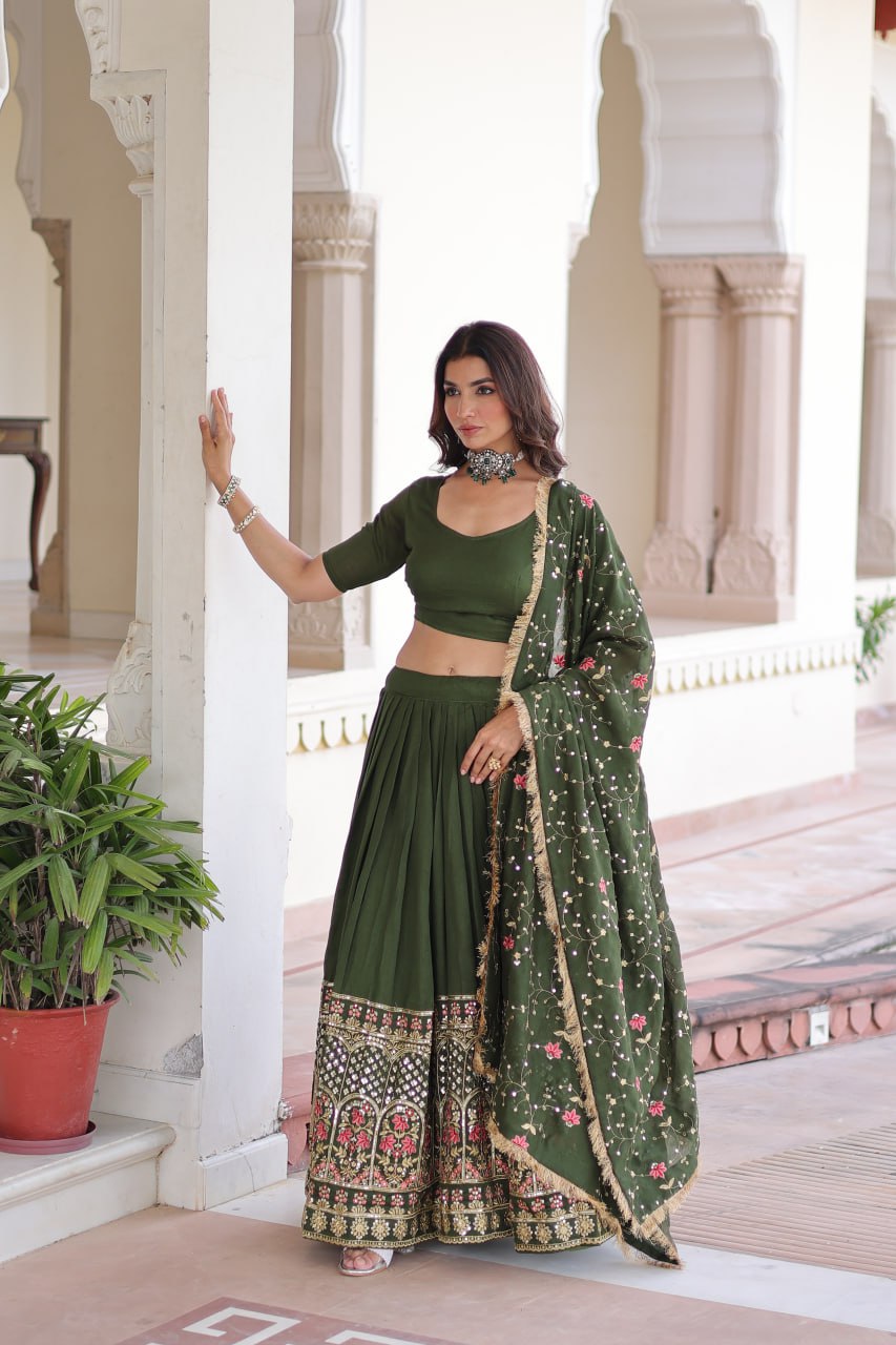 Aadrika Olive Green And  Maroon Embroidered Lehenga Choli