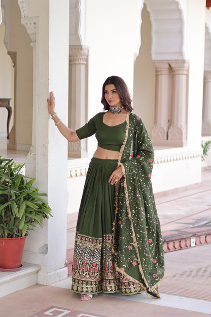 Aadrika Olive Green And  Maroon Embroidered Lehenga Choli