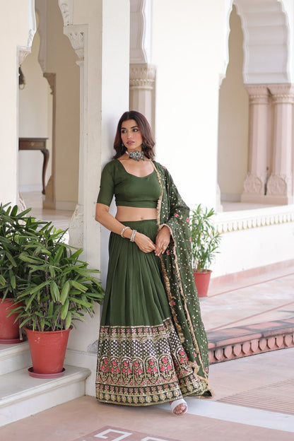 Aadrika Olive Green And  Maroon Embroidered Lehenga Choli