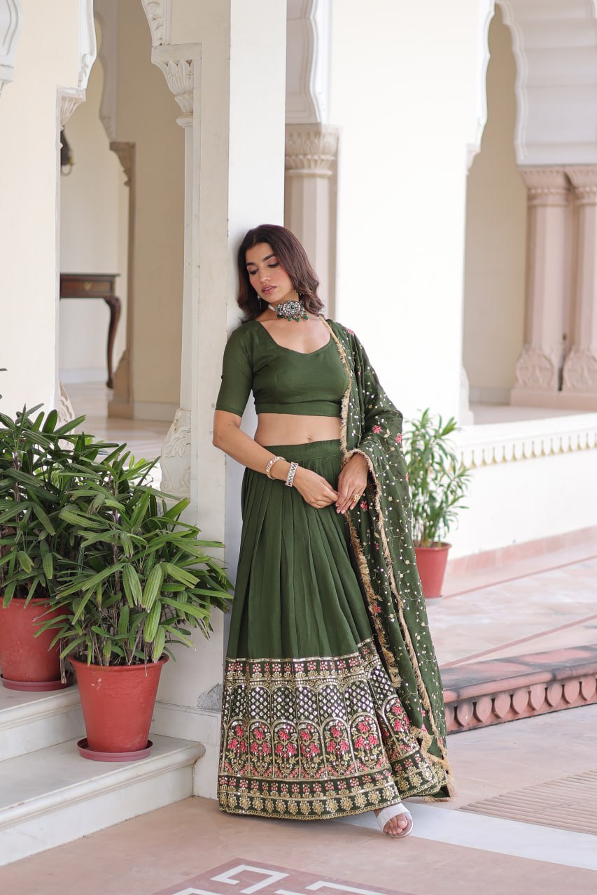 Aadrika Olive Green And  Maroon Embroidered Lehenga Choli
