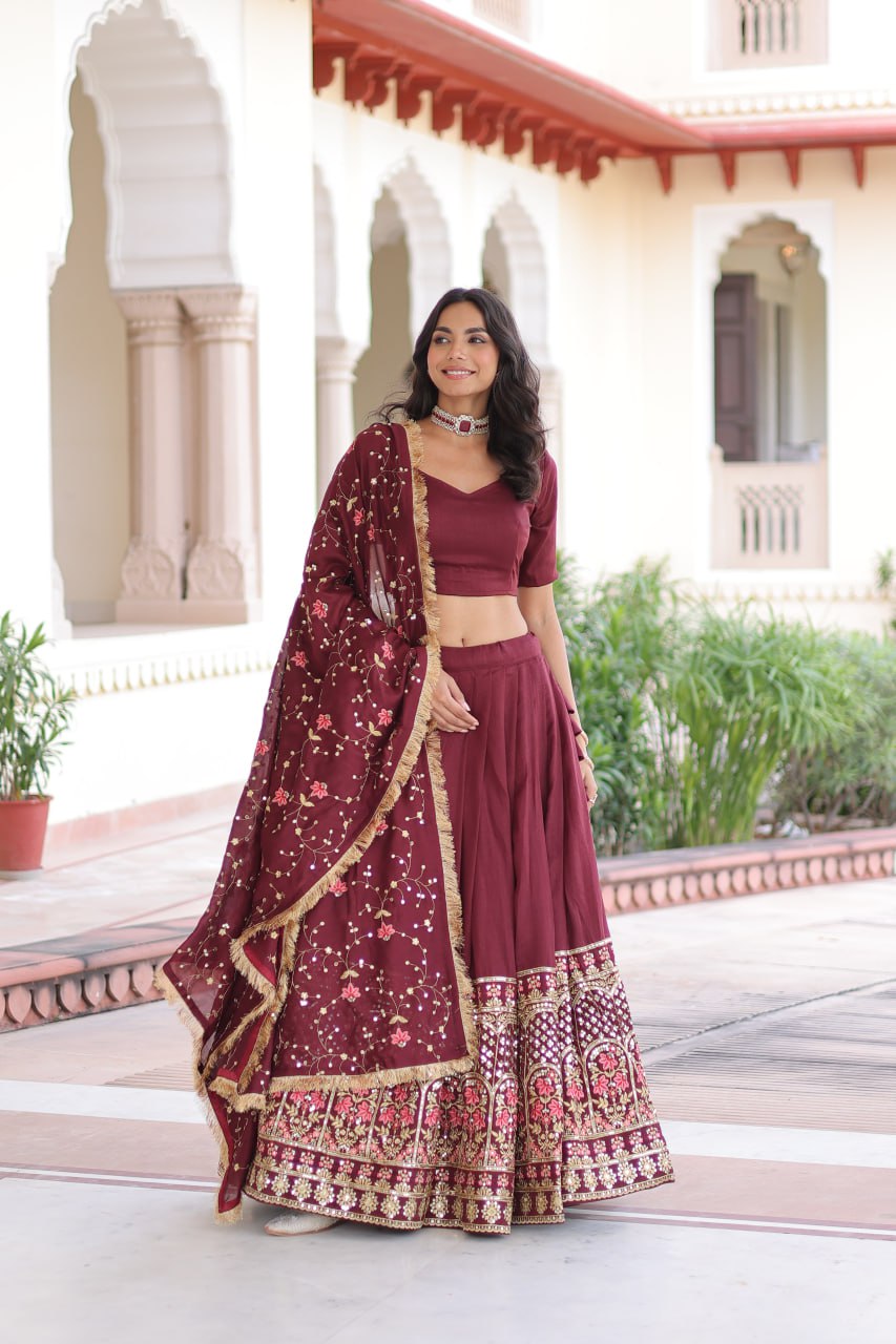 Aadrika Olive Green And  Maroon Embroidered Lehenga Choli