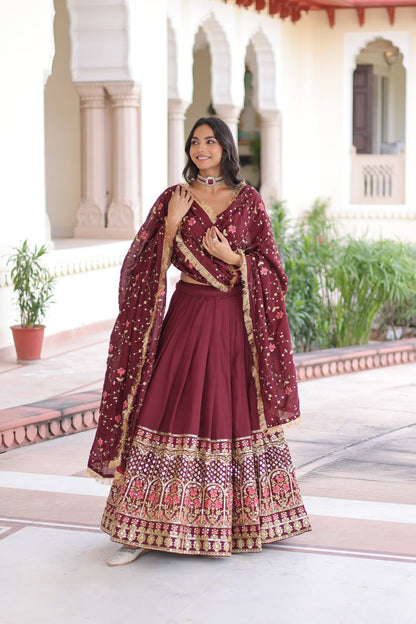 Aadrika Olive Green And  Maroon Embroidered Lehenga Choli