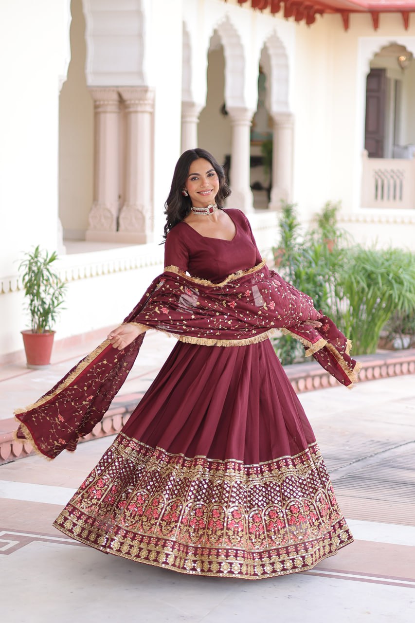 Aadrika Olive Green And  Maroon Embroidered Lehenga Choli