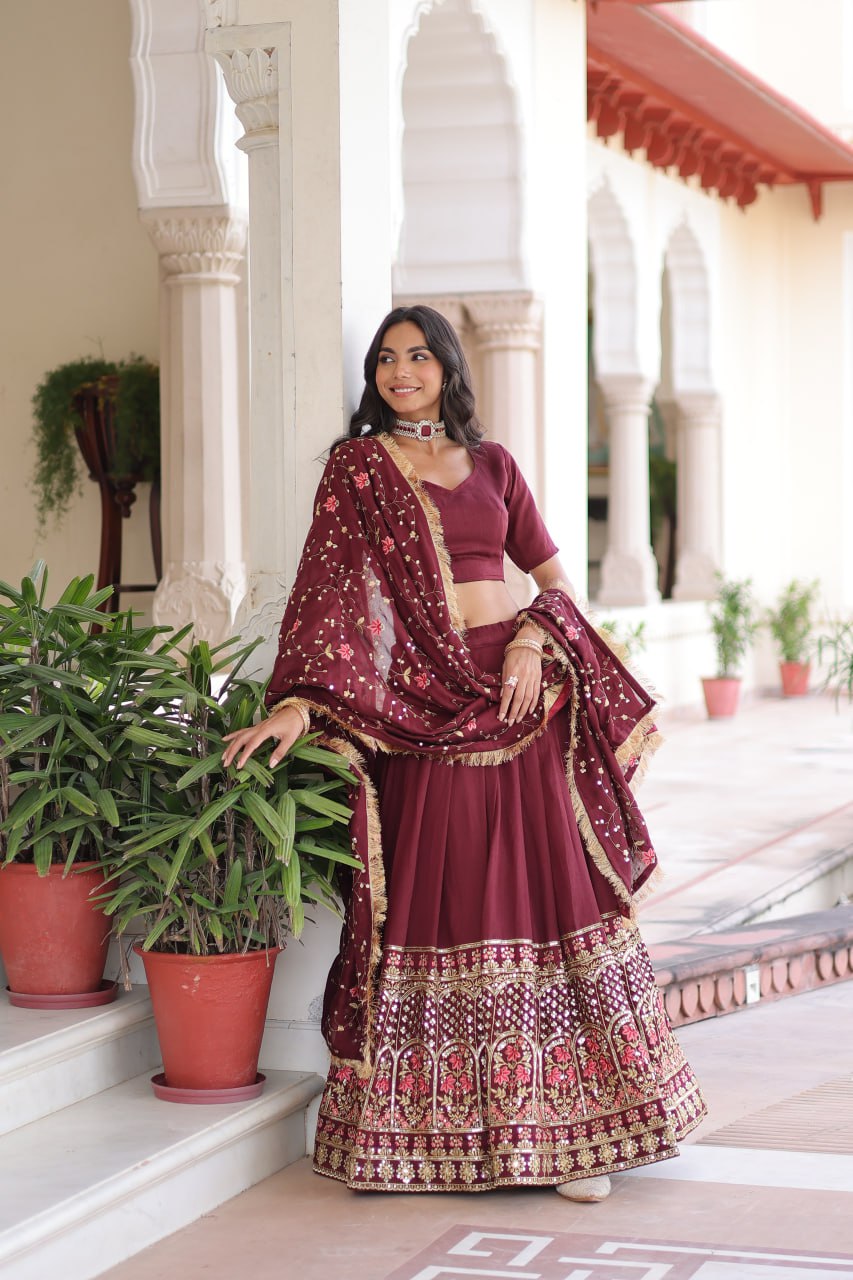 Aadrika Olive Green And  Maroon Embroidered Lehenga Choli