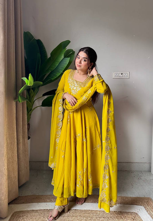 Jivika Mustard Yellow Embroidered Anarkali Set with Dupatta