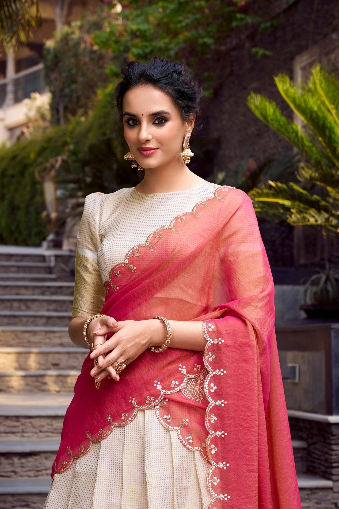 Shubhra Gold Jacquard Lehenga with Contrast Embroidered Dupatta