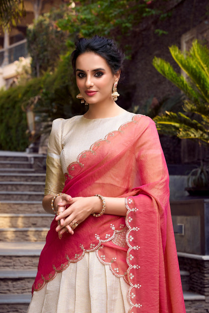 Shubhra Gold Jacquard Lehenga with Contrast Embroidered Dupatta