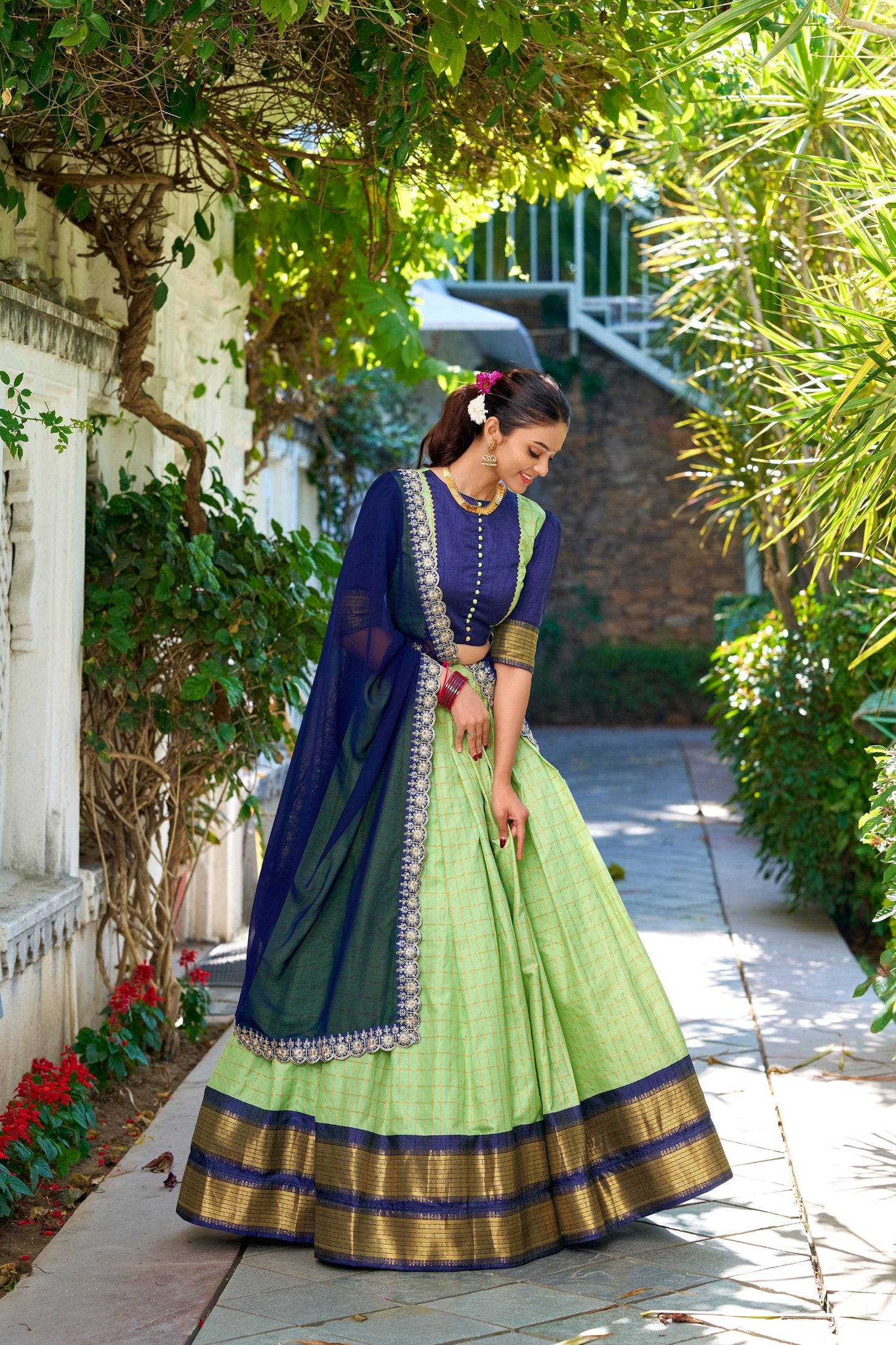Peach Royale & Navy Lime Gold Zari Embroidered Lehenga Choli
