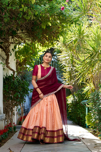 Peach Royale & Navy Lime Gold Zari Embroidered Lehenga Choli