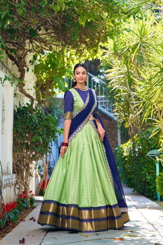 Peach Royale & Navy Lime Gold Zari Embroidered Lehenga Choli