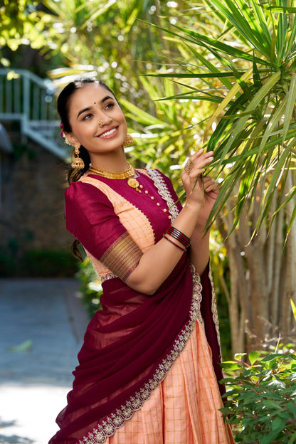 Peach Royale & Navy Lime Gold Zari Embroidered Lehenga Choli