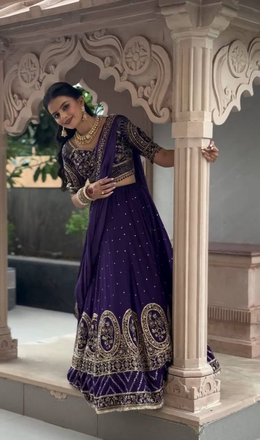 Lavish Orchid Golden Embroidery Silk Lehenga Choli