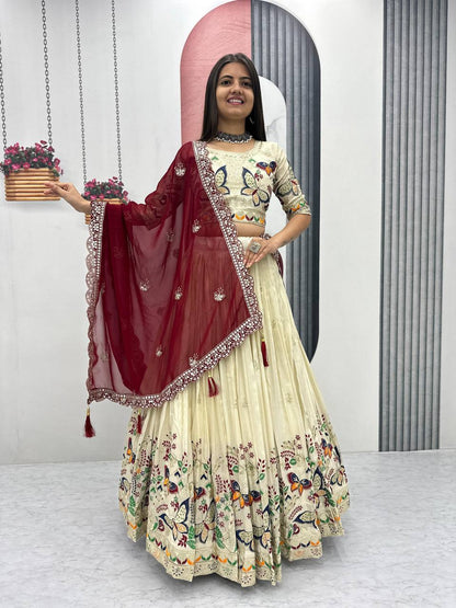 Butterfly Elegance: A Whimsical Cream & Maroon Lehenga Choli