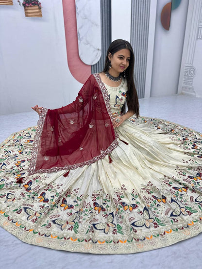 Butterfly Elegance: A Whimsical Cream & Maroon Lehenga Choli