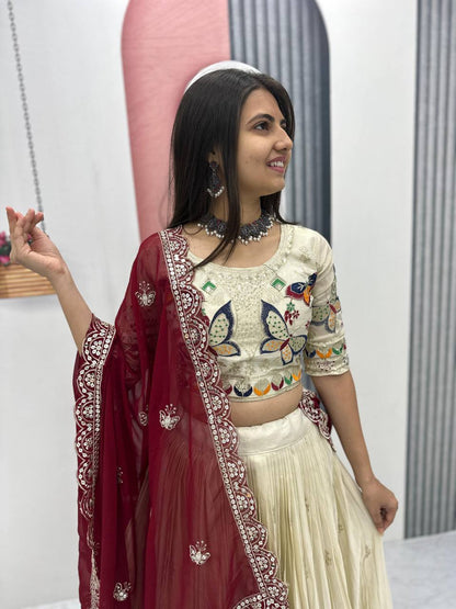 Butterfly Elegance: A Whimsical Cream & Maroon Lehenga Choli