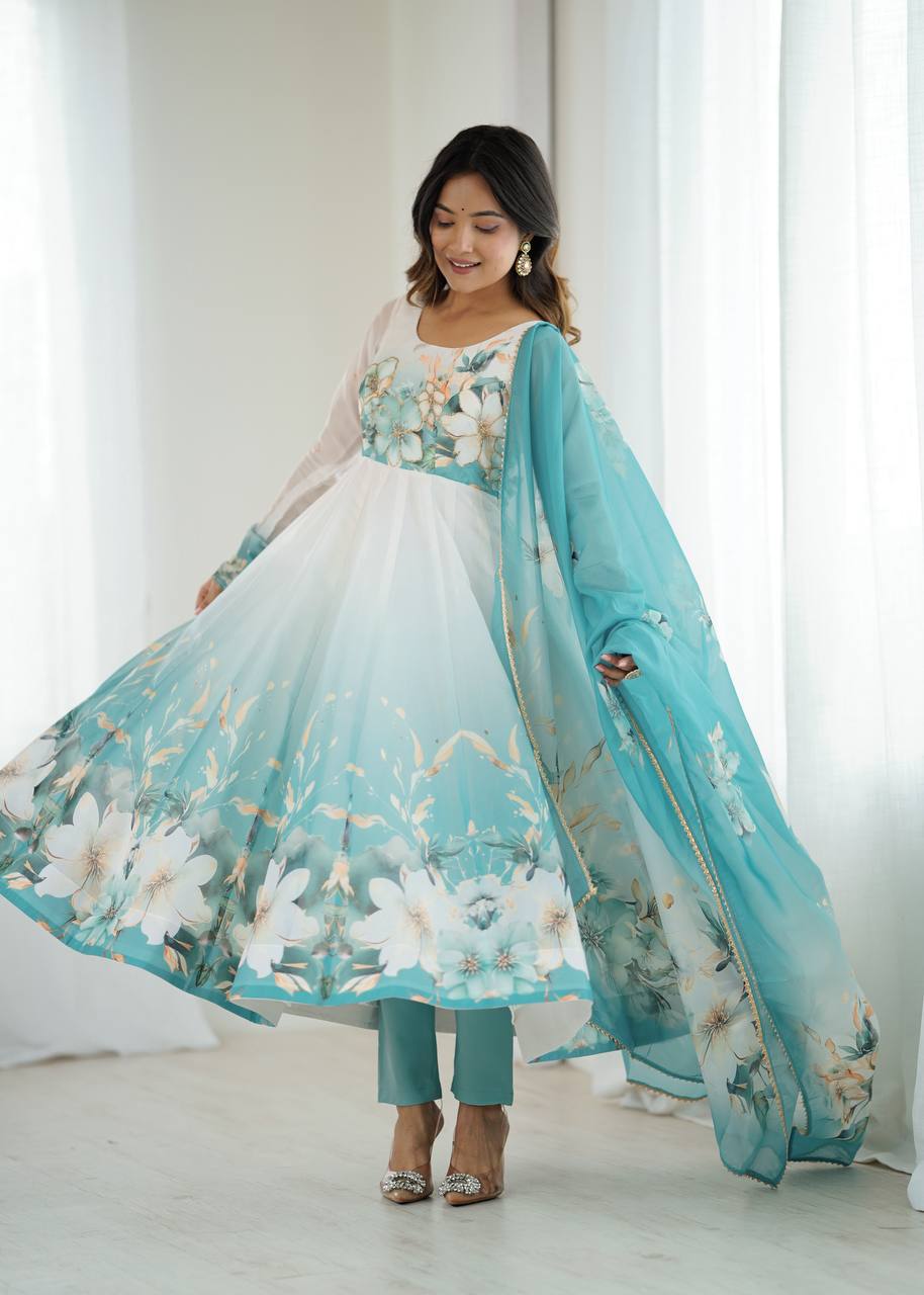 Prachi Aqua Blue & White Floral Print Anarkali Gown