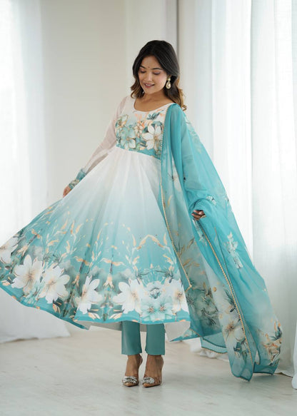 Prachi Aqua Blue & White Floral Print Anarkali Gown