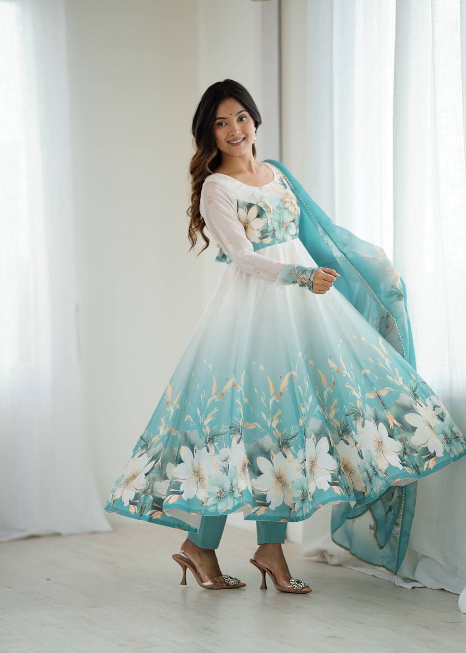 Prachi Aqua Blue & White Floral Print Anarkali Gown