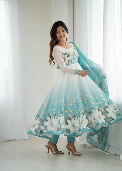 Prachi Aqua Blue & White Floral Print Anarkali Gown