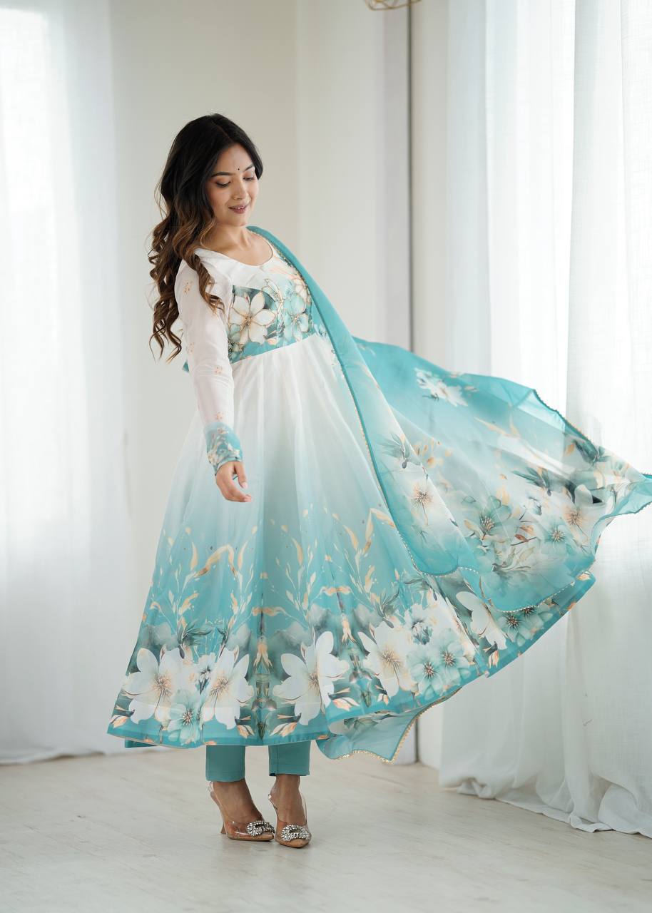 Prachi Aqua Blue & White Floral Print Anarkali Gown