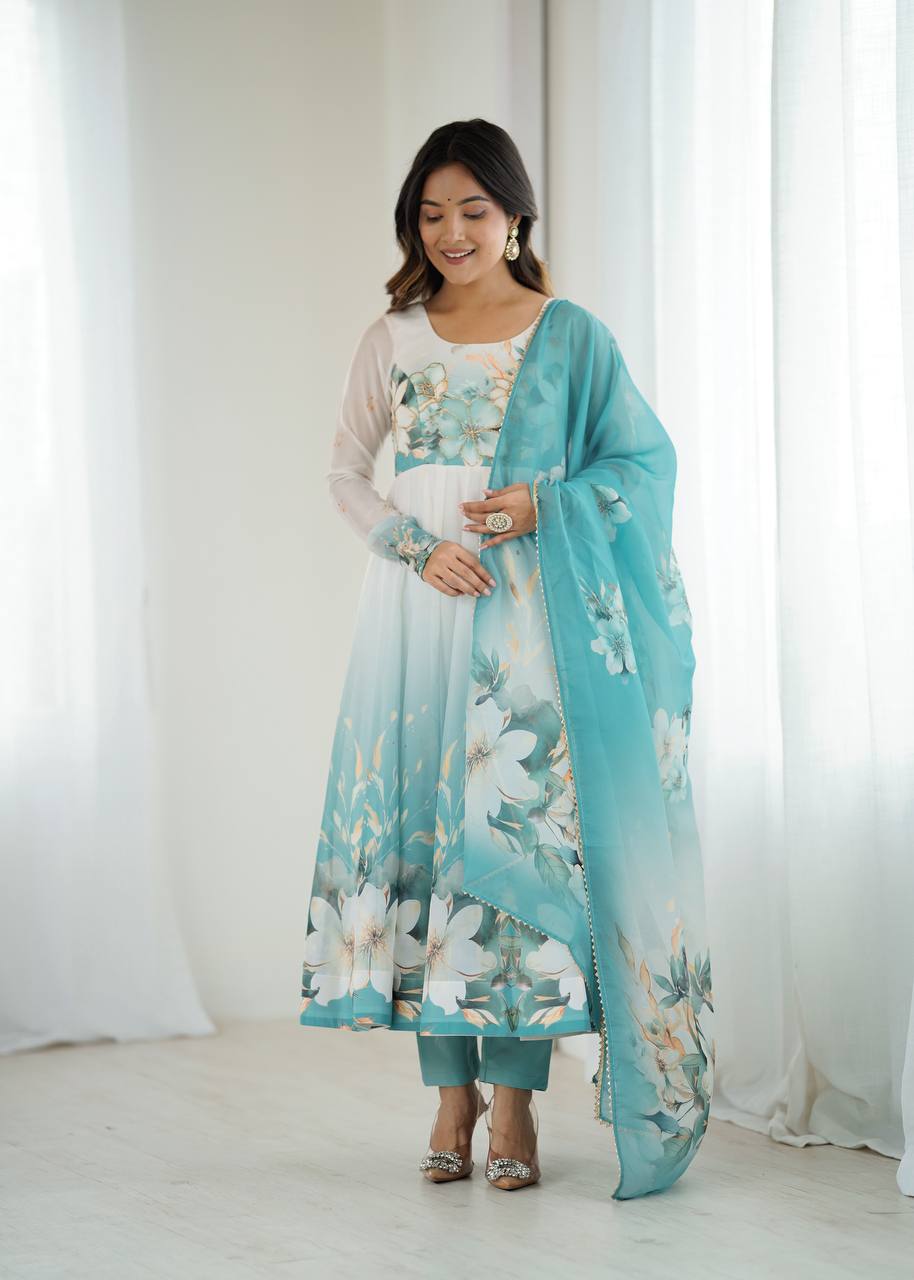 Prachi Aqua Blue & White Floral Print Anarkali Gown