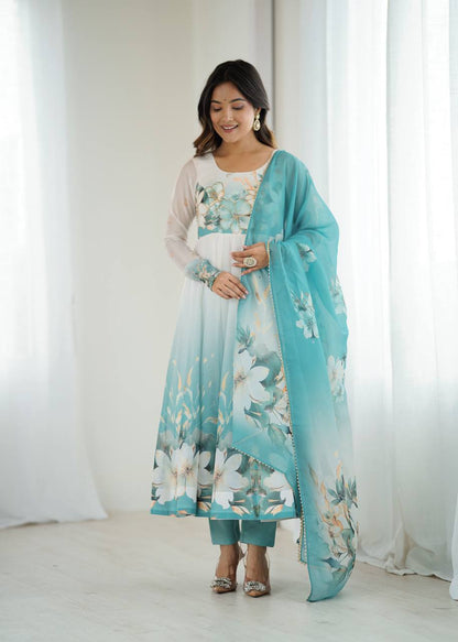 Prachi Aqua Blue & White Floral Print Anarkali Gown